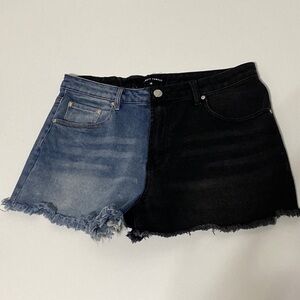 Almost Famous Color Block Black & Blue Raw Hem Jean Shorts Size 13